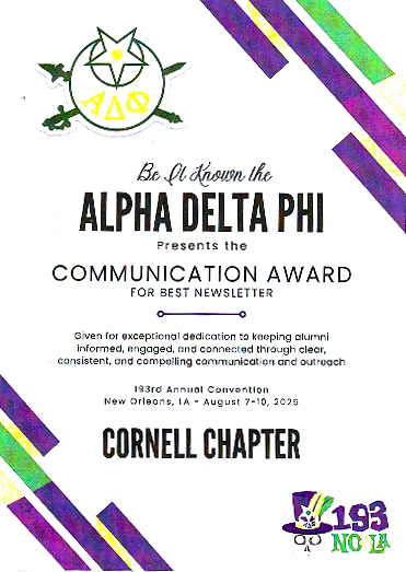 Alpha Delta Phi presents the Communication Award for best newsletter to Cornell chapter.